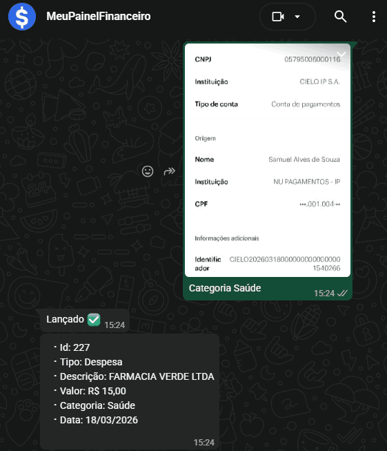 Print de comprovante compartilhado no fluxo do WhatsApp